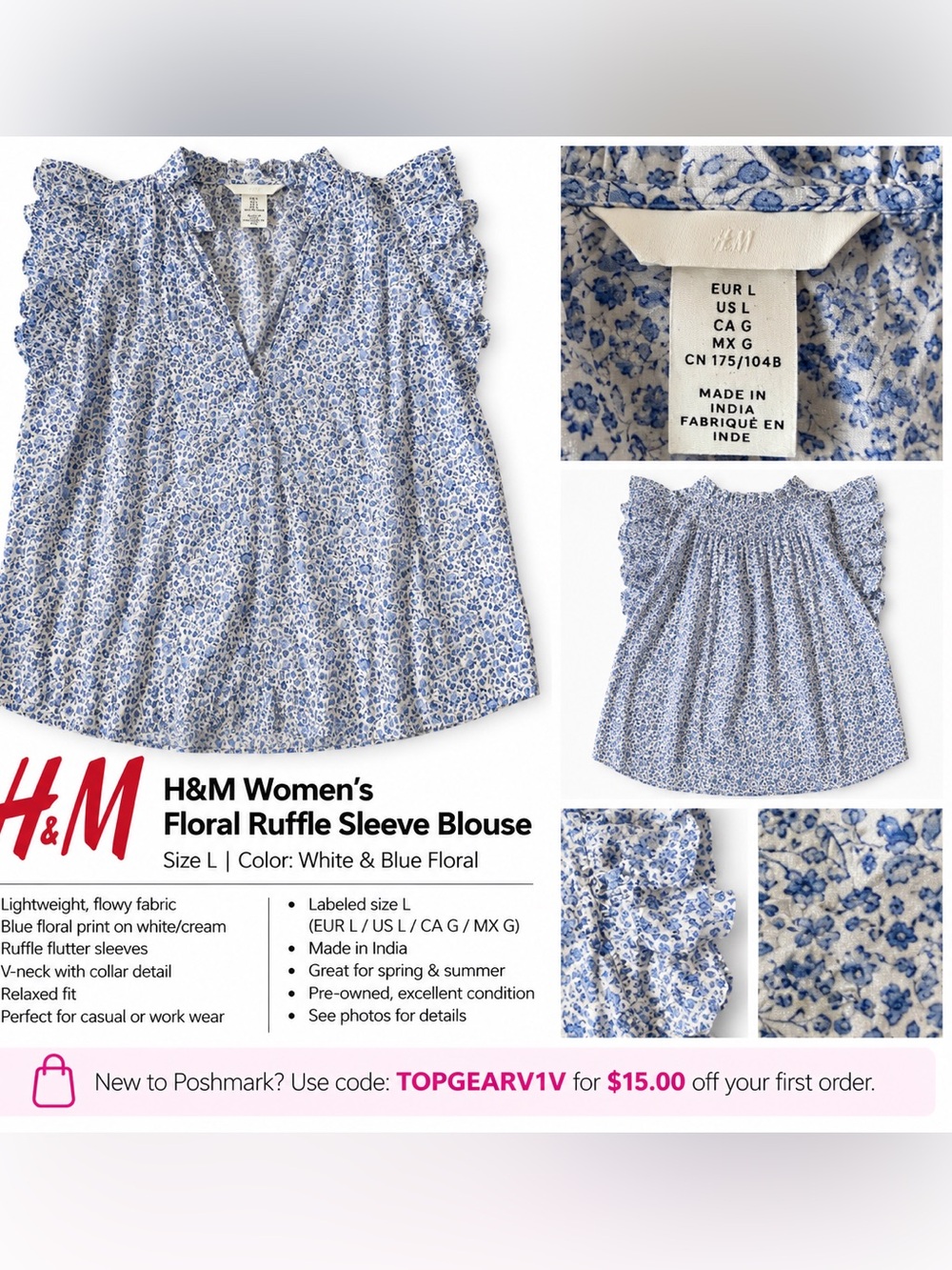H&M Women's
Floral Ruffle Sleeve Blouse